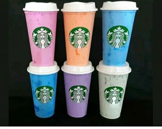 Starbucks Pastel Reusable Hot Cups Set Of 6 With Lids 16 Ounce Each