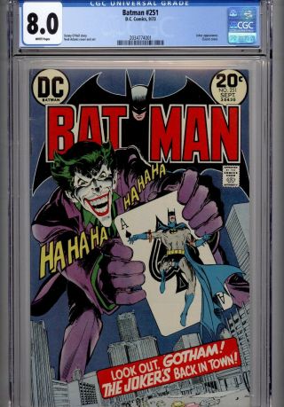 Batman 251 Dc Comics,  9/73 Classic Neal Adams Joker Cover Cgc 8.  0 White Pages
