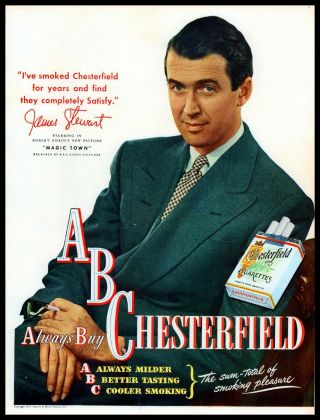 1947 James Stewart Magic Town Film Chesterfield Cigarettes Photo Print Ad (adl2)