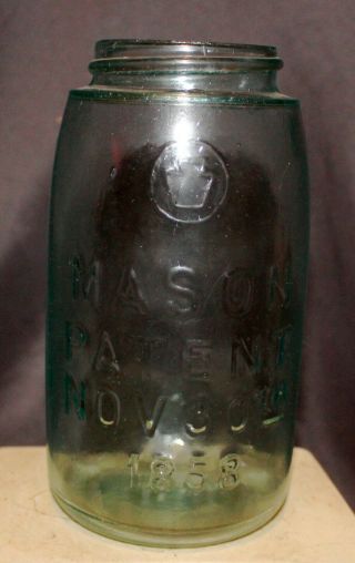 Antique Glass Mason Patent Nov 30th 1858 Keystone In Circle 1 Qt Fruit Jar