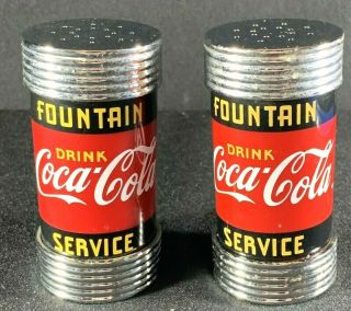 Coca Cola Coke Diner Salt Pepper Shakers Fountain Service Chrome Vintage Chrome