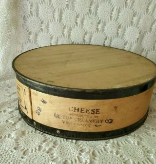 Wooden Cheddar Cheese Round Crate Box With Lid Vintage 14 " Made Usa