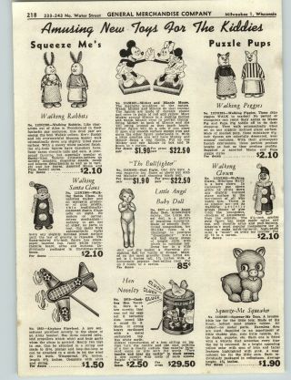 1947 Paper Ad Walking Dancing Toys Santa Claus Clown Rabbits Pigs Mickey Mouse