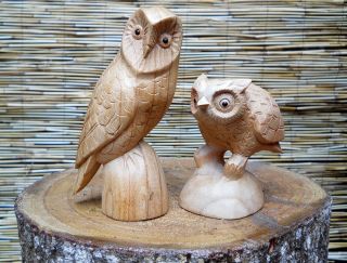 Wooden Carved Figure Owl Large 15 Cm Or Small 12 Cm Natural Colour Handmade