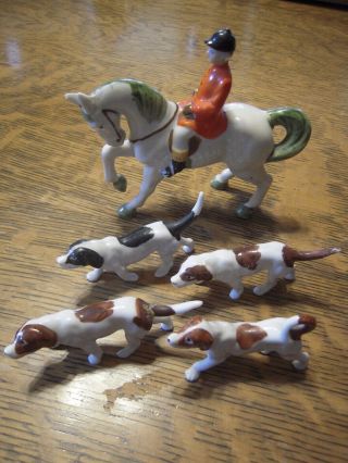 Vintage Hand Painted Porcelain English Hunt Set Figurines Horse & Rider 4 Dogs