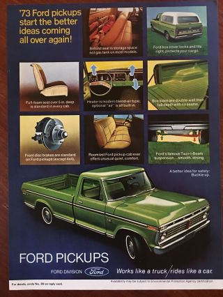 Vintage 1973 Color Print Ad Green Ford Pickup Trucks