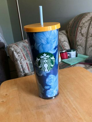 2019 Starbucks Cold Cup Floral Blue White Yellow Cactus Summer Tumbler 24 Fl