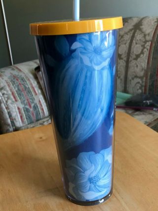 2019 STARBUCKS COLD CUP FLORAL BLUE WHITE YELLOW Cactus Summer TUMBLER 24 fl 2