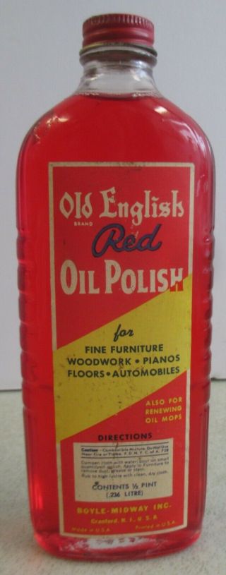 Vintage Boyle Midway Old English Red Oil Polish 1/2 Pint Glass Bottle