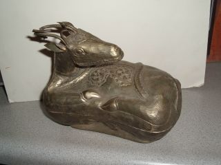 2 Pce Reclining Deer Figure Cambodia Metal Candy Trinket Box Great Details