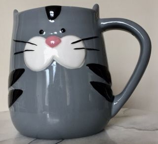 Tag Cup Figural 3d Mug 16 Oz Gray Cat Coffee Tea Hand Painted Collectible
