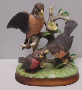 Robin Family On Flower Branch Figurine W/ Wood Base Birds