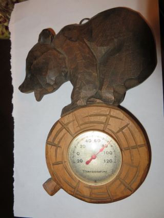 Old Vintage Wooden Wood Bear On Log Thermometer Fahrenheit