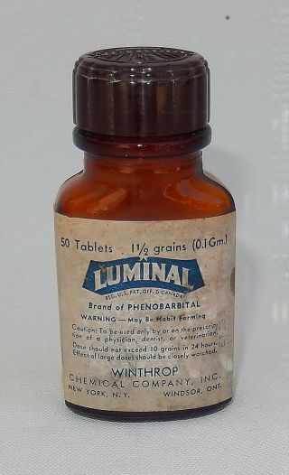 Vintage Winthrop Luminal Phenobarbital Labeled Medicine Bottle W/bakelite Cap
