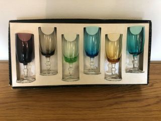 Vintage Set Of 6 Multi - Coloured Wine Glasses - Clear Bubble Stem.  Boxed