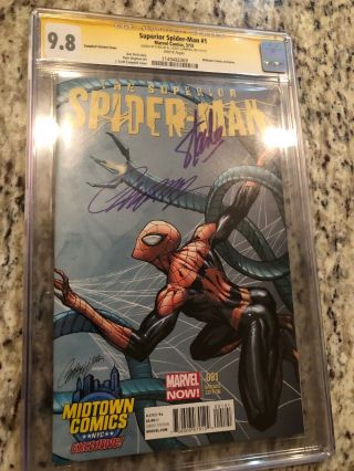 Superior Spider - Man 1 Cgc Ss 9.  8 Midtown Variant Signed By Stan Lee & Campbell