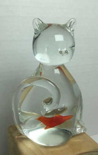 Cat With Fish In Belly Art Glass Figurine Paperweight Clear 5.  25 "