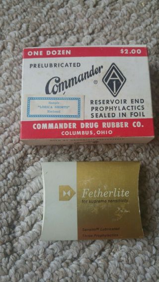 Vintage Commander Drug Rubber Co.  A1 Box Condoms,  Fetherlite Condoms Both Full