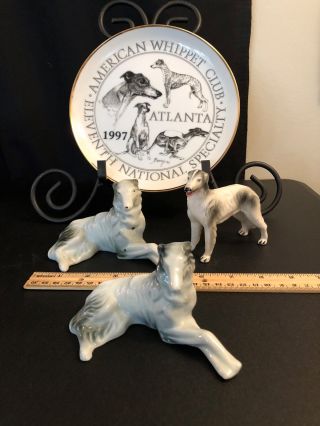 3 Greyhound Borzoi Porcelain Dog Figurines Black & White Japan