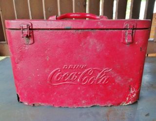 Vintage Red Embossed Coke Coca Cola Soda Pop Airline Steel Ice Chest Cooler 3