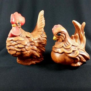 Vintage Rooster Hen Chicken Ceramic Figurines Hand Painted Brown Bird Fowl