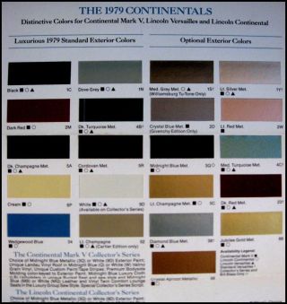 1979 Lincoln Color Chip Paint Selector Brochure Continental Versailles Mark V 79