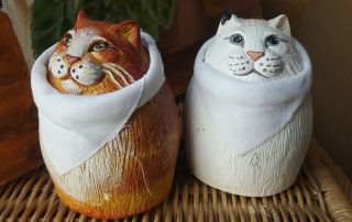 2 White And Orange Fat Cat Figurines - 4 " Tall