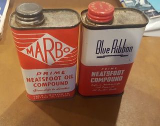 2 Vintage Blue Ribbon Marbo Cans - Neatsfoot Compound Cans