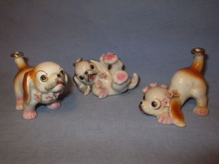 3 Vintage Ring Holding Cocker Spaniel Puppies W/ Flowers - Porcelain