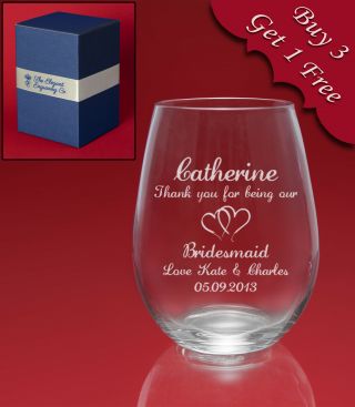 Personalised Engraved Stemless Wine Glass - Weddings Hen Night Bridesmaid Birthday