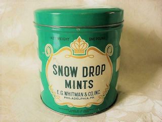 Vintage E.  G.  Whitman Snow Drop Mints Candy Tin Canister Green And White Empty