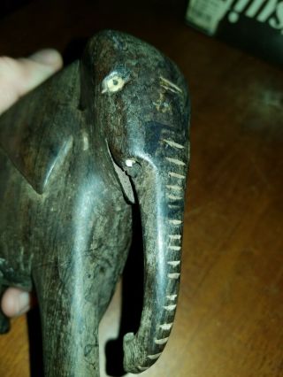 Vintage Hand Carved Black Hard Wood Ebony Elephant W/ White Tusks From Africa