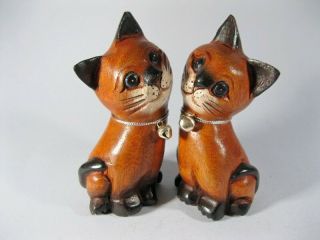 Pair Wooden Siamese Cat Hand Carved Statue Figurine Crafted Wood Blue Eyes Cute
