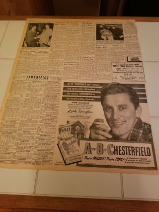 1950 Kirk Douglas/chesterfield Cigarette Newspaper Ad