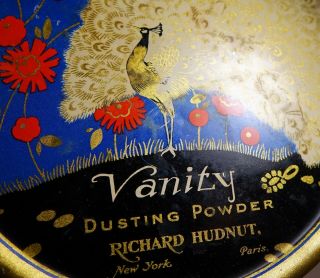 Vintage Art Deco Peacock Powder Tin Vanity Perfume Advertising R Hudnut Ny Paris