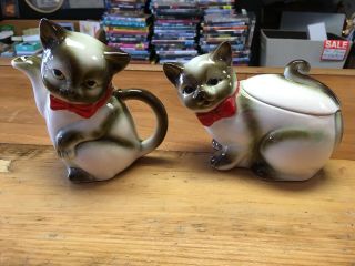 Vintage Ceramic Siamese Cat Creamer And Sugar Bowl With Lid Japanese Kasuga Ware