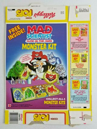 Kelloggs Corn Pops Cereal Box 1989 Empty Flattened Mad Scientist Monster Kit Ad