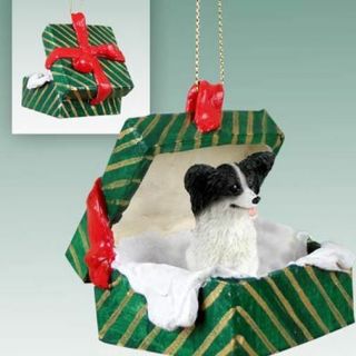 Papillon Black White Dog Green Gift Box Holiday Christmas Ornament