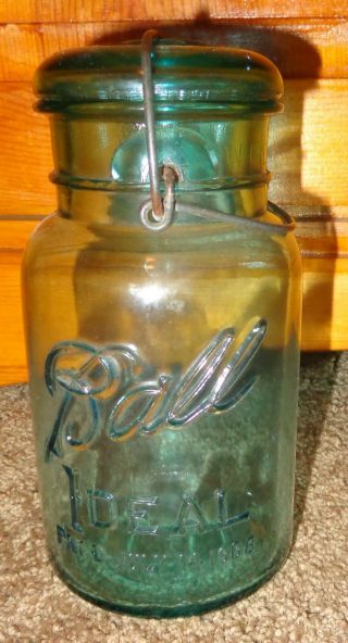 Old Vintage Ball Ideal Blue Glass Quart Canning Jar 7 With Lid Wire Bail 1908