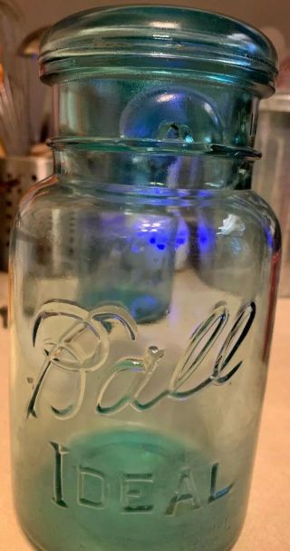 Vintage Blue Glass Ball Wire Quart Size Canning Jar With Lid,  Stamped 7 1908