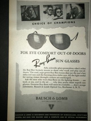 1945 Ray Ban Sun Glasses Shades Bausch & Lomb Vintage Trade Print Ad