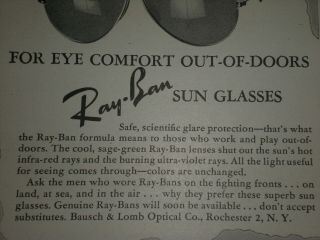 1945 RAY BAN SUN GLASSES SHADES BAUSCH & LOMB vintage Trade print ad 2