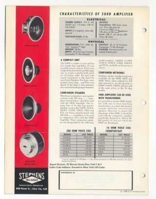 Stephens Tru - Sonic Sales Brochure ' 500D Direct Drive Amplifier/112FR.  Speaker ' 3