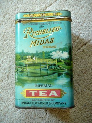 Richelieu Midas Tea - Antique Advertising Tin - Wrap Around Japanese Graphics Vg