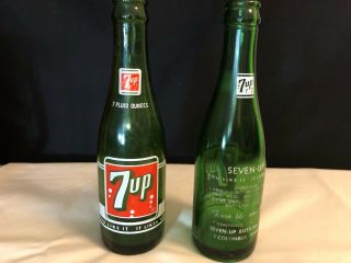 2 Vintage Green Glass 7 Up Soda Bottles 7 Oz Columbus,  Ohio