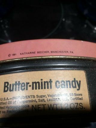 Unusual Vintage 1961 Katherine Beecher Butter Candy Tin,  Manchester Pa. 4