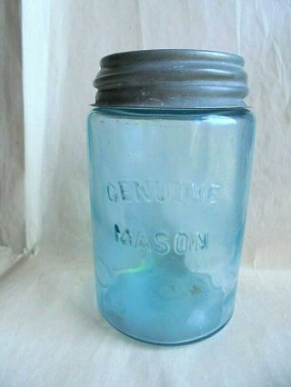 Antique Mason Aqua Glass Pint Fruit Jar With Zinc Lid