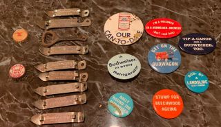 Anheuser Busch Bottle Openers And Vintage Pins With Old Advertising Quotes