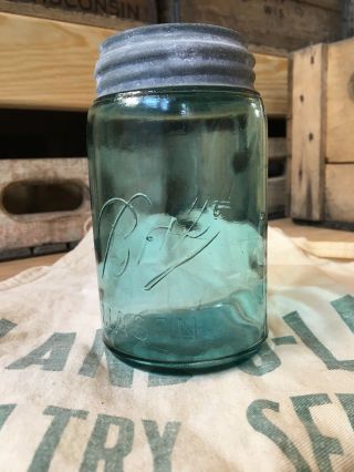 Early Crude Vintage Ball Triple Blue Mason Pint Jar W/ Zinc Lid Bubbles