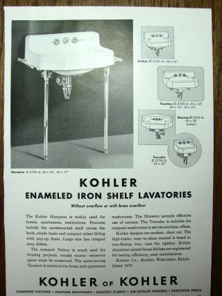 1951 Kohler Enameled Iron Shelf Lavatories Hampton Bathroom Sink Fixtures Vtg Ad